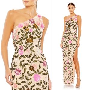 Mac Duggal Nude Pink Floral Sequined One Shoulder Column Gown